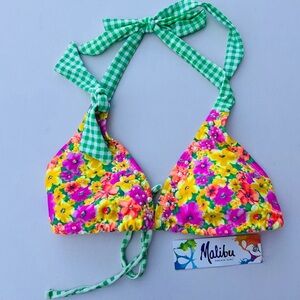 Malibu Plaid Swimwear Top Floral Beaded w Green White Gingham Plaid Tie Neck NWT